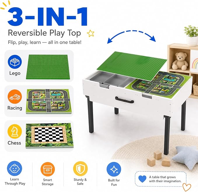 Taladad&kydspac 3 in 1 Table with Storage,Wooden Kids Activity Table Compatible with Lego and Building Block,Construction+Train+Chess Toddler Play Table,Wheels for Under Bed or Sofa Storage