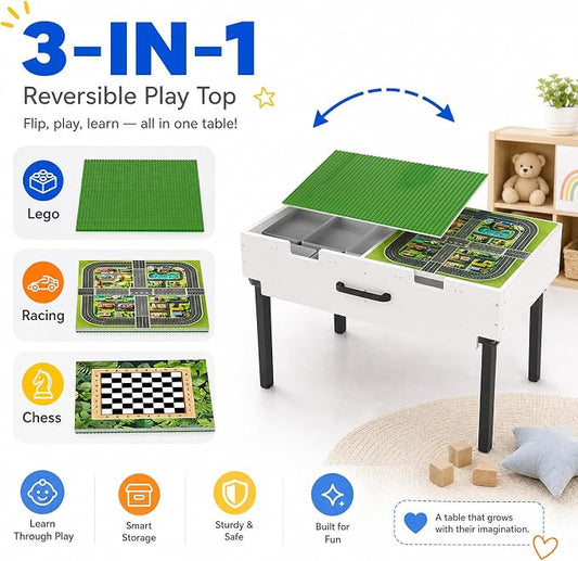 Taladad&kydspac 3 in 1 Table with Storage,Wooden Kids Activity Table Compatible with Lego and Building Block,Construction+Train+Chess Toddler Play Table,Wheels for Under Bed or Sofa Storage