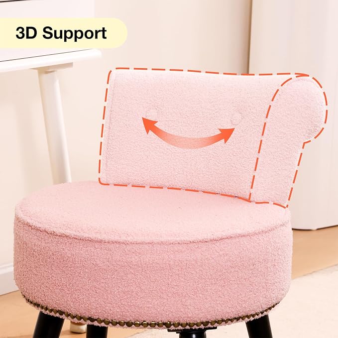 Vanity Chair with Backrest, Boucle Upholstery Armless Makeup Stool, Vanity Stool with for Bedroom Living Room Kitchen Dinning Room (Sherpa Pink)