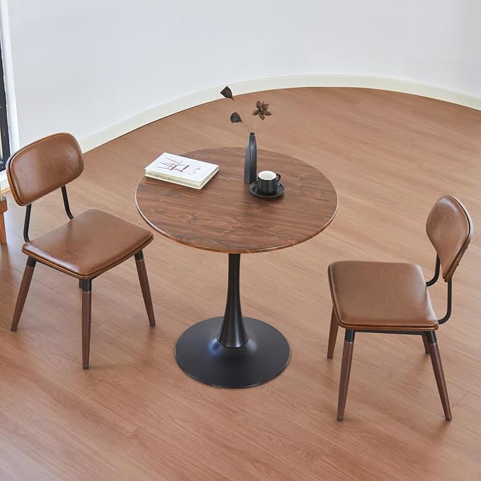 Round Dining Table, 24" Circle Tulip Table with Thickened Tabletop & Metal Pedestal, Mid Century Modern Bistro Table for Kitchen, Small Places, Living Room, Cafe (Faux Walnut)