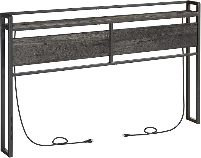 HOOBRO King Size Headboard, Headboard with 2 Outlets and 4 USB Ports, Adjustable Height, Storage Rack, Sturdy and Stable, Easy Assembly, Charcoal Gray and Black