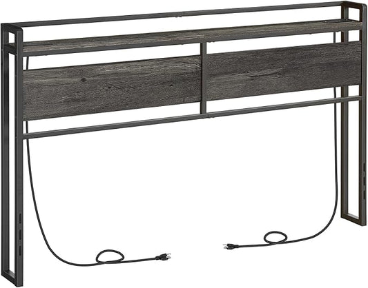 HOOBRO King Size Headboard, Headboard with 2 Outlets and 4 USB Ports, Adjustable Height, Storage Rack, Sturdy and Stable, Easy Assembly, Charcoal Gray and Black