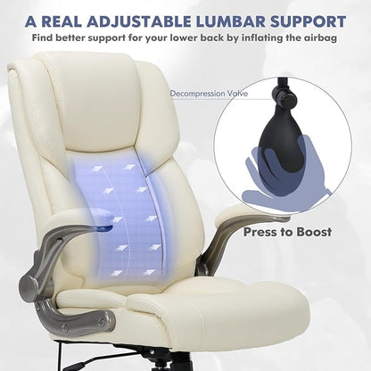 COLAMY Leather Executive Office Chair- High Back Home Computer Desk Chair with Padded Flip-up Arms, Adjustable Tilt Lock, Swivel Rolling Ergonomic Chair for Adult Working Study-Lvory, Set of 2