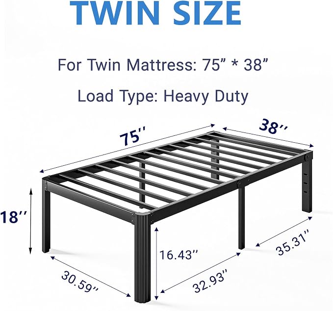 18 Inch High Platform Twin Bed Frame No Box Spring Needed, Metal Bed Frame Twin, Noise Free, Easy Assembly, Heavy Duty, Black