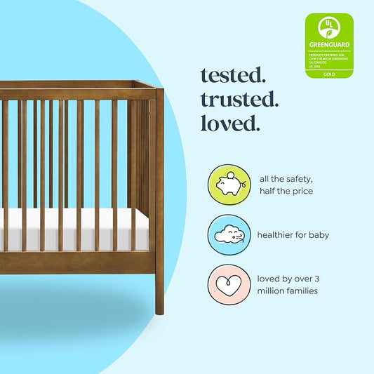 Davinci Birdie 3-in-1 Baby Crib & GREENGUARD Mattress Bundle - Walnut | Low-Profile Crib Convertible to Toddler Bed & Daybed - Easy to Assemble - Includes Mattress w/ Removable Waterproof Cover