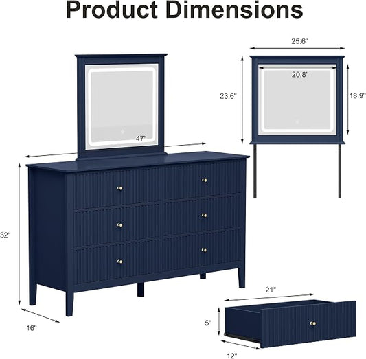 RoyalCraft 6 Drawer Dresser with Lighted Mirror, Blue Fluted Modern Wood Chest of Drawers, Long Dresser for Bedroom Storage