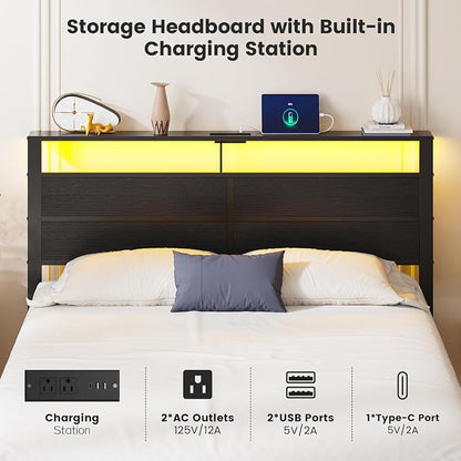 Queen Size Bed Frame with LED Lights, USB Type C Charging Headboard, Black Metal Platform Bed with Storage Shelf, Noise Free Design, No Box Spring Needed