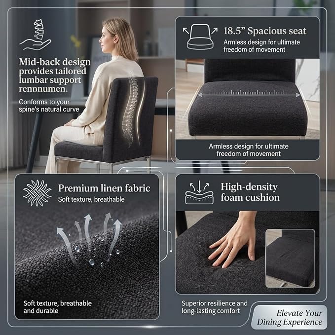 CIMOTA Black Modern Dining Chairs Set of 8, Upholstered Dining Room Chairs Armless Guest Side Chair with Chrome Base for Dining Room/Kitchen, Charcoal Black, 8PCS