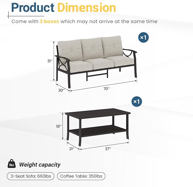 RoyalCraft 3 Seats Outdoor Patio Furniture Set, Outdoor Metal Sectional Furniture with Cushions, Outdoor Conversation Set with Coffee Table for Balcony, Backyard, Garden, Deck, Beige