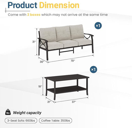 RoyalCraft 3 Seats Outdoor Patio Furniture Set, Outdoor Metal Sectional Furniture with Cushions, Outdoor Conversation Set with Coffee Table for Balcony, Backyard, Garden, Deck, Beige