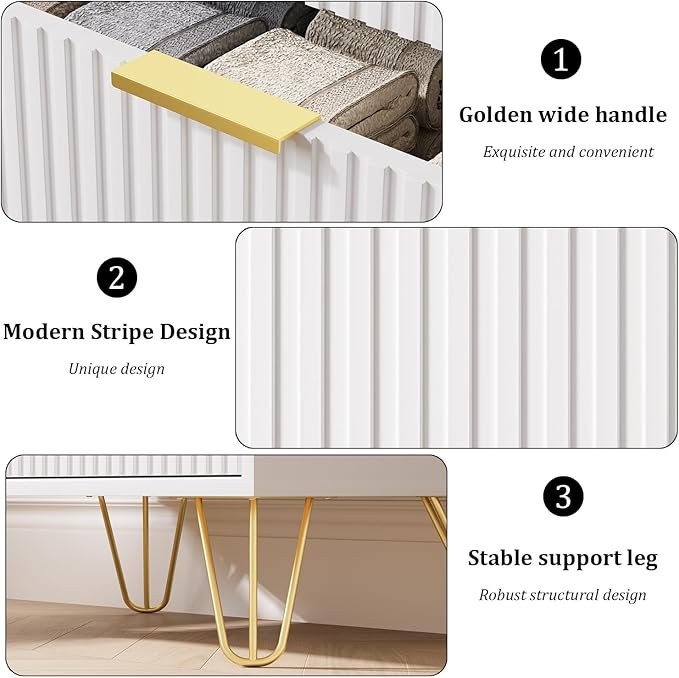 MAISONARIA White 3 Drawer Dresser for Bedroom, Modern Closet Dressers Chest of Drawers, Fluted Dresser Chest Cabinet with Gold Metal Handles, Nightstand for Bedroom, Living Room, Hallway, Entryway