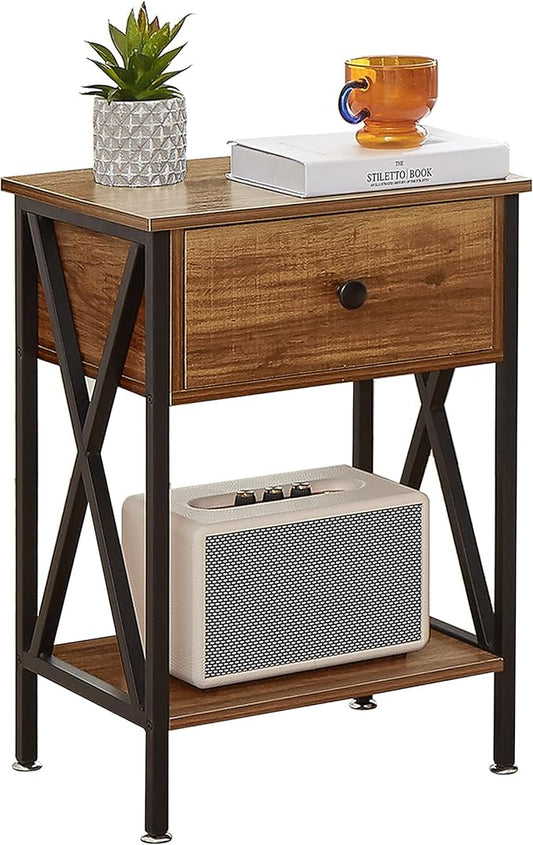 VECELO Nightstand,Modern Bedside End Table, Night Stand with Drawer and Storage Shelf for Living Room Bedroom, Industrial Metal Frame