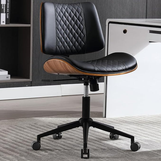 Home Office Chair No Arms with Wheels, Adjustable Height Small Desk Chair, PU Leather Mid Back 360 Swivel Computer Chair, Armless Modern Walnut Chair for Office, Reading Meeting Room(Black)