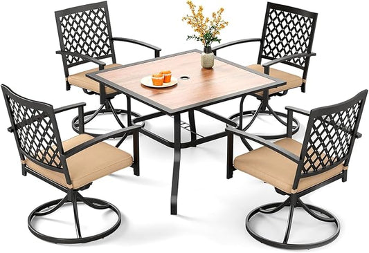 PHI VILLA 5 Pieces Outdoor Dining Set for 4, 37” Square Metal Steel Table with Polywood Tabletop & Swivel Wrought Iron Chairs with Cushions, Outside Furniture Set for Patio, Deck, Yard, Porch