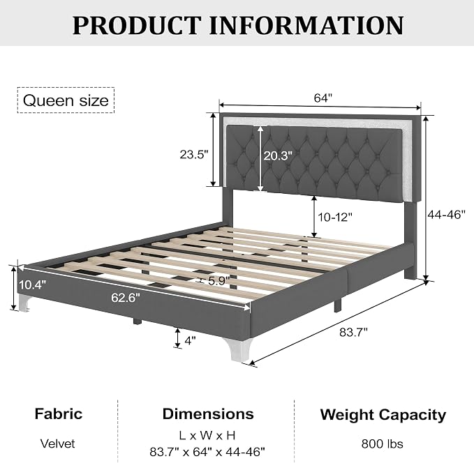 Flieks Bedroom Sets, 3-Pieces Bedroom Sets, Queen Size Upholstered Platform Bed with LED Lights and 2 Nightstands, Gray