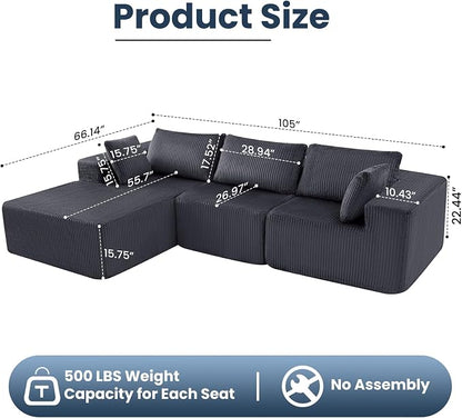 DUMOS 105" L-Shaped Sectional Boneless Couch for Living Room, Upholstered Corduroy Sofa with Deep Seat for Small Apartment, Bedroom, No Assembly in a Box, Left Facing Chaise, Grey