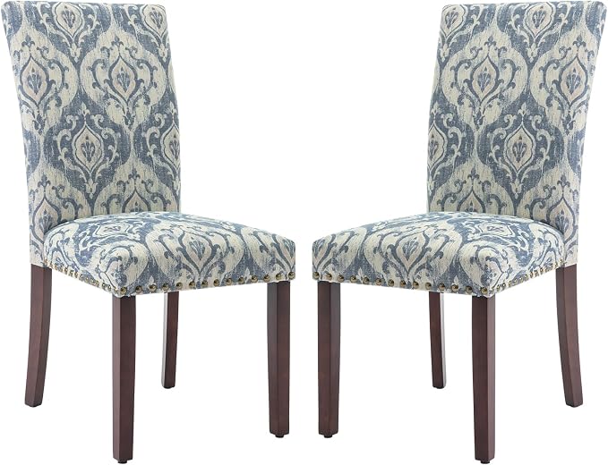 COLAMY Upholstered Parsons Dining Chairs Set of 2, Fabric Dining Room Kitchen Side Chair with Nailhead Trim and Wood Legs - Blue/White Flower