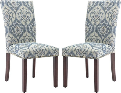 COLAMY Upholstered Parsons Dining Chairs Set of 2, Fabric Dining Room Kitchen Side Chair with Nailhead Trim and Wood Legs - Blue/White Flower