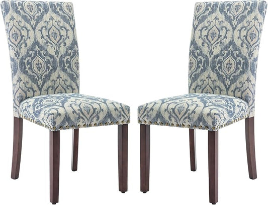 COLAMY Upholstered Parsons Dining Chairs Set of 2, Fabric Dining Room Kitchen Side Chair with Nailhead Trim and Wood Legs - Blue/White Flower