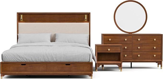 Furniture of America Forma Modern Solid Wood 4-Piece Bedroom Set with Storage Bed with LED Lights, Ball-Bearing Glide on Nightstand and Dresser with Mirror, No Box Spring Needed, King, Walnut