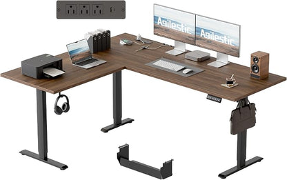 Agilestic Electric L Shaped Standing Desk 63 x 55 Inch with Power Outlet, Height Adjustable Corner Stand up Desk with Cable Management,Sit Stand Home Office Workstation with Splice Board, Dark Walnut