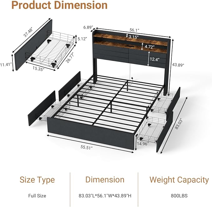 Kiivakii Full Size Bed Frame with 4 Drawers, Heavy Duty Metal Full Bed Frame with LED Lights, Charging Station, Upholstered Headboard, 800LBS Weight Capacity, Noise Free, Gray
