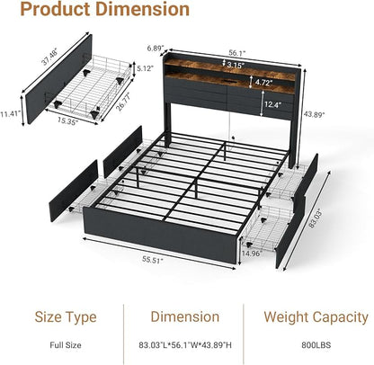Kiivakii Full Size Bed Frame with 4 Drawers, Heavy Duty Metal Full Bed Frame with LED Lights, Charging Station, Upholstered Headboard, 800LBS Weight Capacity, Noise Free, Gray