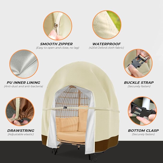 Patio Egg Chair Cover Double Wicker Egg Chair Covers for Outdoor Furniture Egg Swing Loveseat Cover Waterproof 420D Patio Chair Cover 91x80 inches (Beige)
