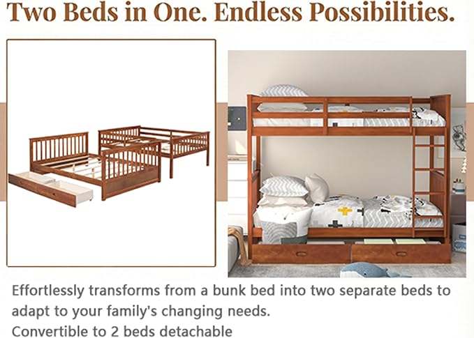 Merax Twin-Over-Twin Bunk Bed with Two Storage Drawers, Solid Wood Twin Size Bunk Bed with Guardrial and Removble Ladder, Can be Converted Into 2 Separate Beds, Walnut