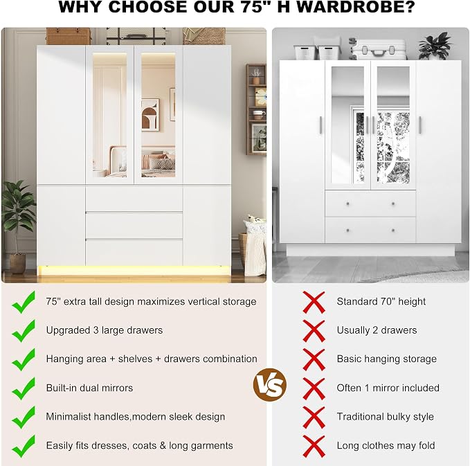 4 Doors Armoire Wooden Wardrobe Closet with 3 Drawers & 2 Mirror, 75"H Clothing Storage Cabinet with Hanging Rod,Modern Bedroom Large Freestanding Armoires with Led Lights for Bedroom, White