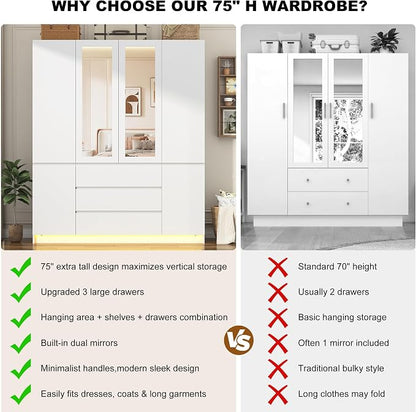4 Doors Armoire Wooden Wardrobe Closet with 3 Drawers & 2 Mirror, 75"H Clothing Storage Cabinet with Hanging Rod,Modern Bedroom Large Freestanding Armoires with Led Lights for Bedroom, White
