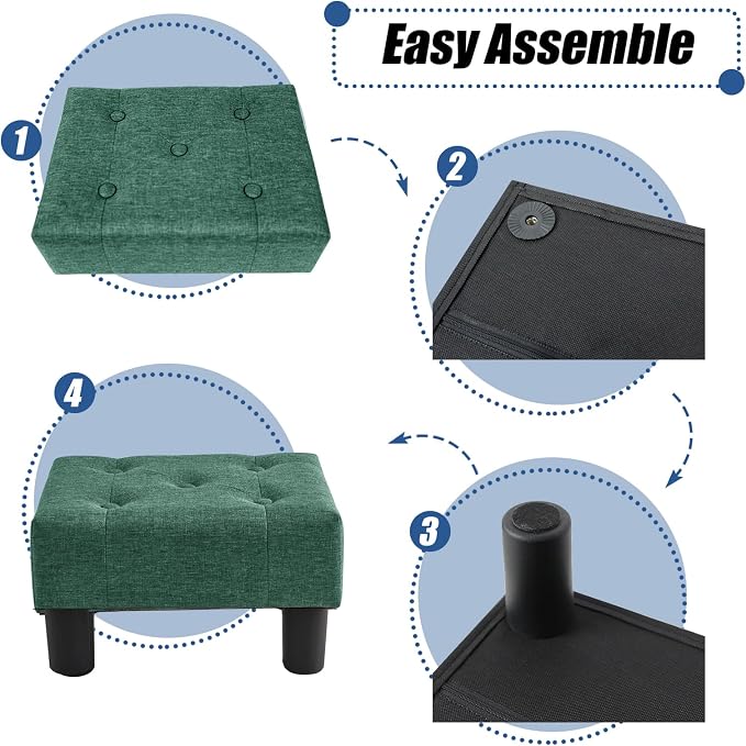 BRIAN & DANY Small Foot Stool, Linen Foot Stools with Legs, Stable Small Footstool for Living Room, Green