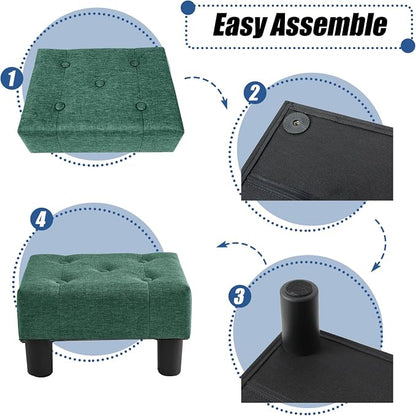 BRIAN & DANY Small Foot Stool, Linen Foot Stools with Legs, Stable Small Footstool for Living Room, Green
