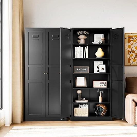 Letaya Black Storage Cabinet with Adjustable Shelves-Metal Home Kitchen Pantry Cabinets with Doors,Organization Locker for Cupboard/Bedroom/Dining/Living/Bathroom/Office/Garage Room