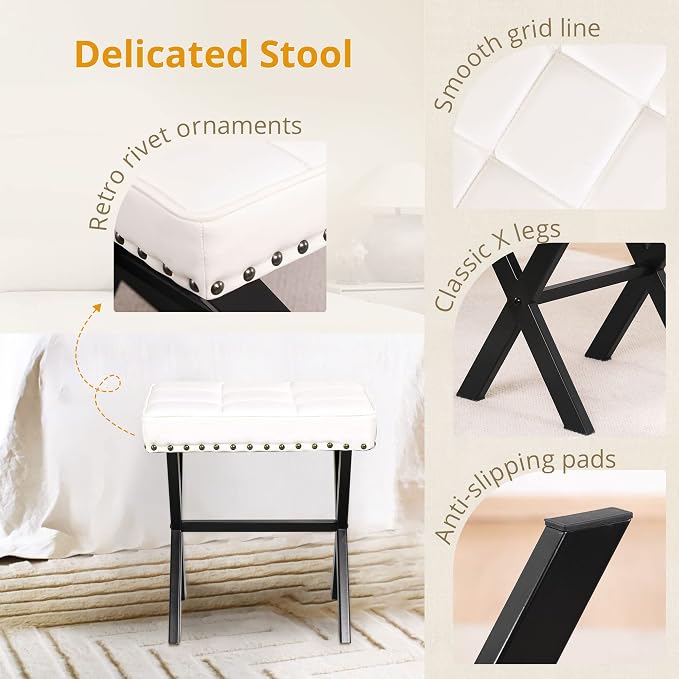 LUE BONA White Vanity Stool - Square Faux Leather Makeup Seat With Metal X Legs, Small Ottoman Chair for Makeup Room, Living Room, Bathroom - Padded Foot Rest