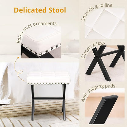 LUE BONA White Vanity Stool - Square Faux Leather Makeup Seat With Metal X Legs, Small Ottoman Chair for Makeup Room, Living Room, Bathroom - Padded Foot Rest