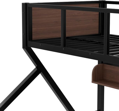Bellemave Bunk Bed Twin XL Over Queen with LED, Heavy Duty Metal Bunk BedFrame with Storage Shelves and Lights, Black