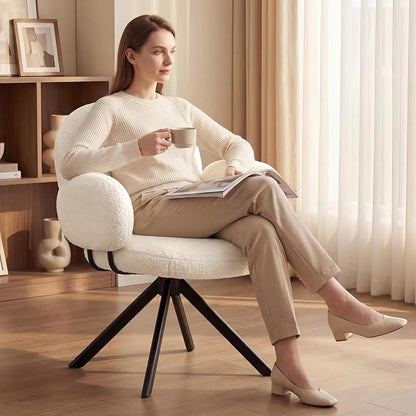 Cute Desk Chair No Wheels Set of 2, 360° Swivel Accent Chairs with Arms, Modern Upholstered Dining Room Chairs with Tufted Cushion, Accent Chairs for Home Office/Bedroom/Kitchen, Teddy Sherpa, Beige