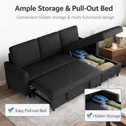 JAMFLY 77" Pull Out Sleeper Sofa Bed with Storage Chaise, L-Shaped Corduroy Sectional Couch, 3-Seater Convertible Sofa Bed for Small Space, Apartment & Guest Room, Pet-Friendly & Easy Assembly, Black