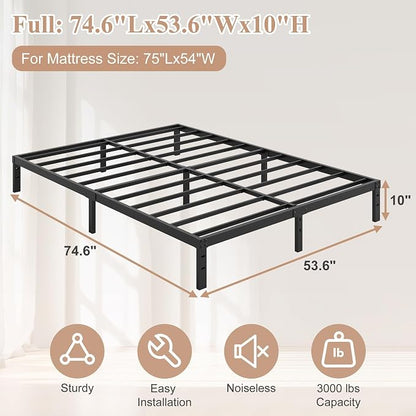 HOBINCHE 10 Inch Full Size Bed Frame, Bed Frame Full No Box Spring Needed | Heavy Duty Metal Platform Mattress Foundation with Steel Slats, Non-slip Noise Free Easy Assembly Black