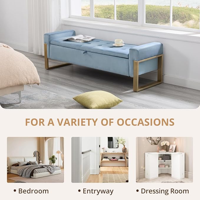 67'' End of Bed Storage Bench, Storage Ottoman Bench for Bedroom King Size, Modern Velvet Bed Benches for Foot of Beds with Gold Legs for Window Living Room Entryway, Light Blue