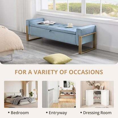 67'' End of Bed Storage Bench, Storage Ottoman Bench for Bedroom King Size, Modern Velvet Bed Benches for Foot of Beds with Gold Legs for Window Living Room Entryway, Light Blue