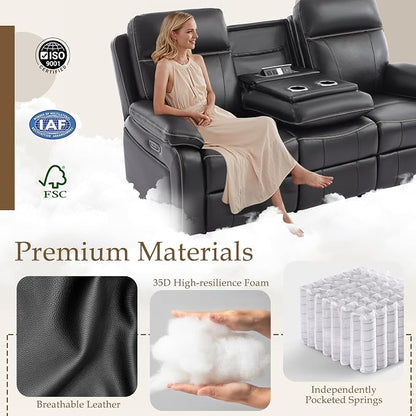 Power Reclining Sofa with Fold Down Table, Breathable Leather Electric Reclining Couch, Power Loveseat Recliner Sofa with Cup Holders/Outlets/USB-C/A Ports for Living Room (Black, 3 Seat)