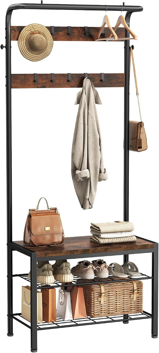 DUMOS 5-in-1 Hall Tree with Coat Rack and Shoe Bench, Industrial Entryway Storage Organizer with Top Hanging Rod, 10 Movable Hooks & Side Hooks, Mudroom Bench with 2-Tier Shoe Rack, Brown