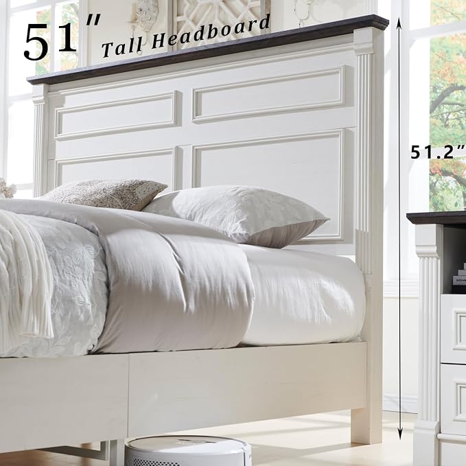 Aitjunz Farmhouse Queen Size Bed Frame with 51" Tall Headboard, Wood Platform Bed Frame with 20" Tall Roman Column Decoration Footboard & 2 Large Storage Drawers, No Box Spring Needed (White)