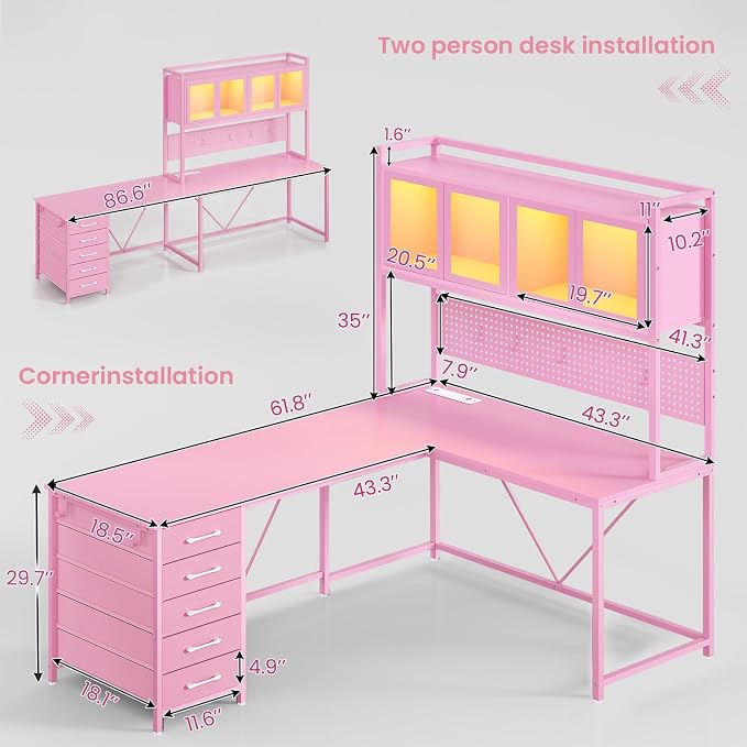 SEDETA L Shaped Gaming Desk with Drawers, L Shaped Computer Desk with Hutch and Storage Shelves, Gaming Desk with Pegboard, Led Lights, and Power Outlet, Home Office Desk, Corner Desk, Pink