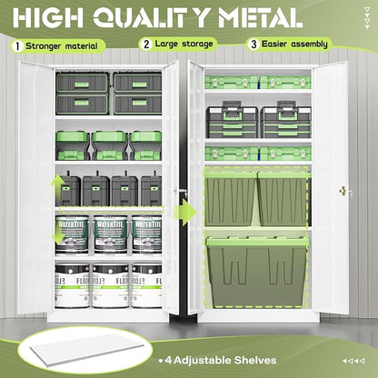 Crownland 72" Lockable Metal Storage Cabinet, Garage Storage Cabinets, High Office Cabinet with Adjustable Shelves for Garage, Home Office,Pantry, File(White)
