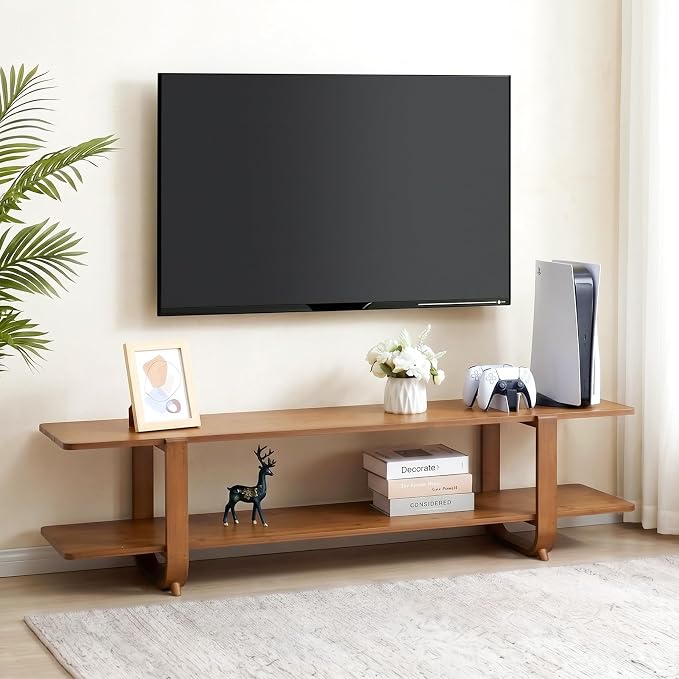 HollyHOME Bamboo TV Stand with Storage for TVs up to 65'', Modern Entertainment Center with 2 Open Shelf, Accent TV Media Console Table for Living Room, Bedroom, 55"(L), Walnut