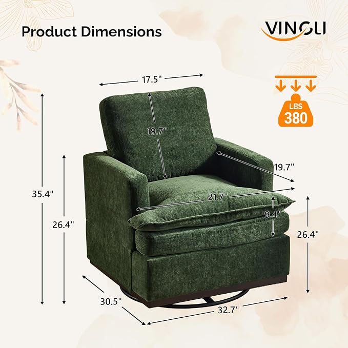 VINGLI Mid-Century Modern Single Swivel Armchair, 360° Swivel Accent Chair, Double-Layer Seat Cushions, Upholstered Square Club Chair for Living Room, Bedroom, Reading Room, Chenille,Green