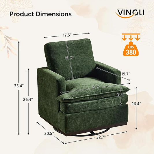 VINGLI Mid-Century Modern Single Swivel Armchair, 360° Swivel Accent Chair, Double-Layer Seat Cushions, Upholstered Square Club Chair for Living Room, Bedroom, Reading Room, Chenille,Green